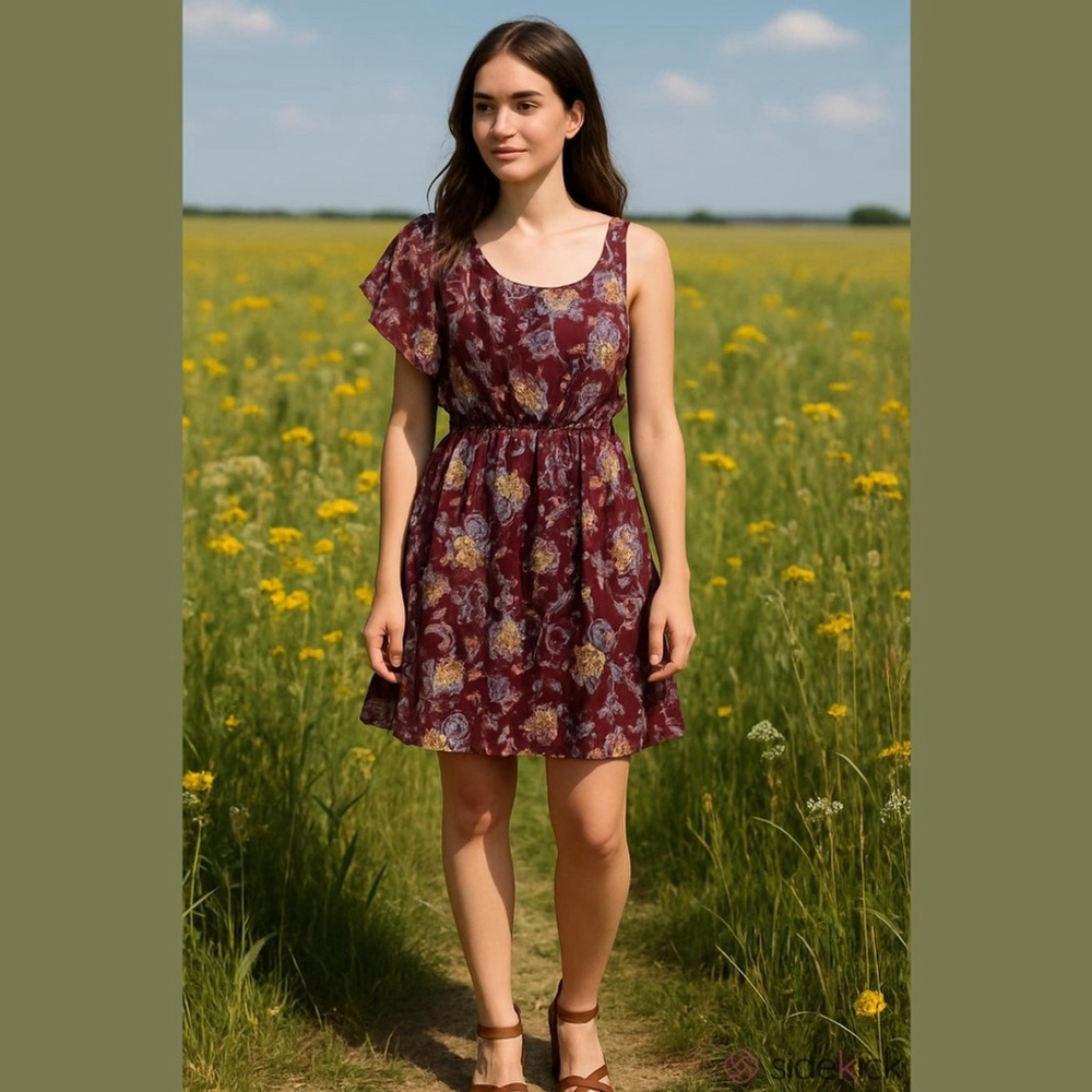 Asymmetrical Off-Shoulder Burgundy Floral Midi Dress – Size Large – NWOT